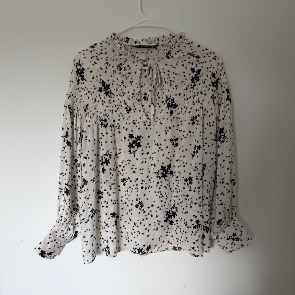 ZARA STAR FLOWERS Print Women's Top - Black and Beige
